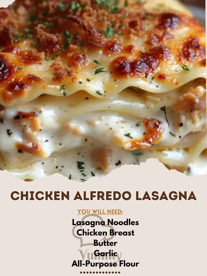 Delicious Chicken Alfredo Lasagna topped with creamy sauce and cheese