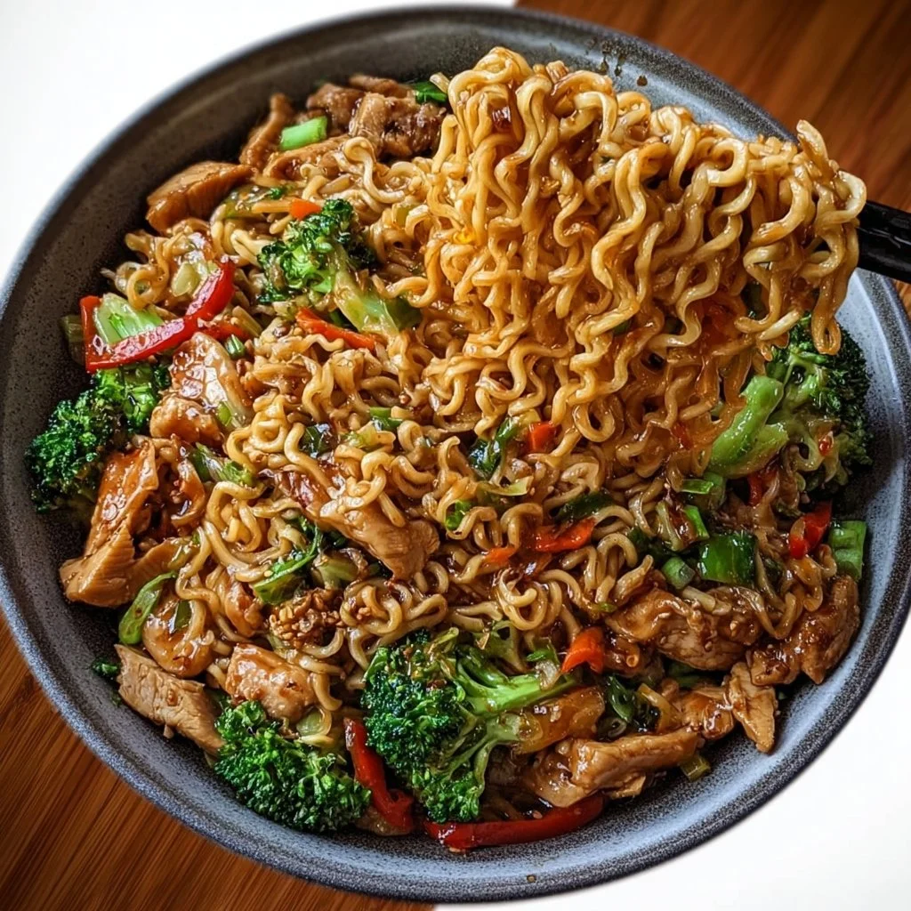 Chicken Ramen Stir Fry with colorful vegetables and tender chicken pieces
