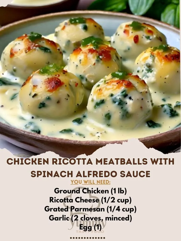 Plate of Chicken Ricotta Meatballs served with Spinach Alfredo sauce.