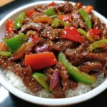Chinese pepper steak dish with tender beef and colorful peppers served on a plate.