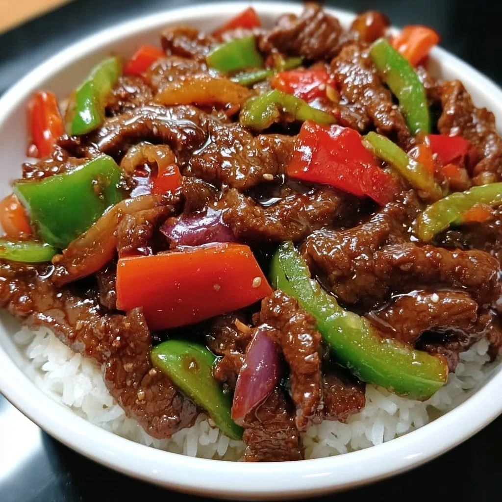Chinese pepper steak dish with tender beef and colorful peppers served on a plate.