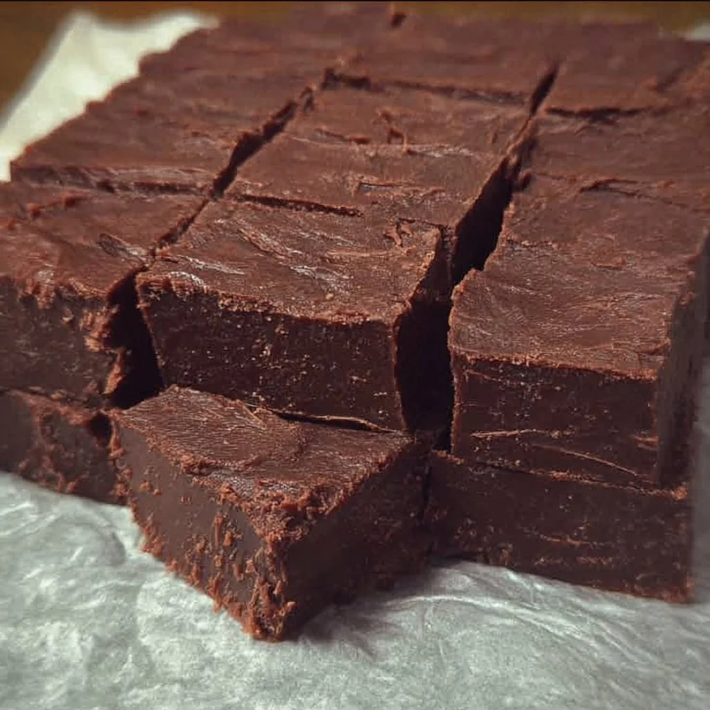 Delicious homemade chocolate fudge drizzled with chocolate sauce