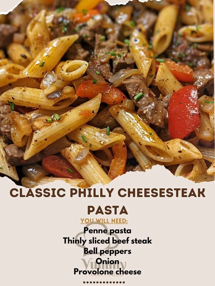 Delicious Classic Philly Cheesesteak Pasta topped with peppers and cheese