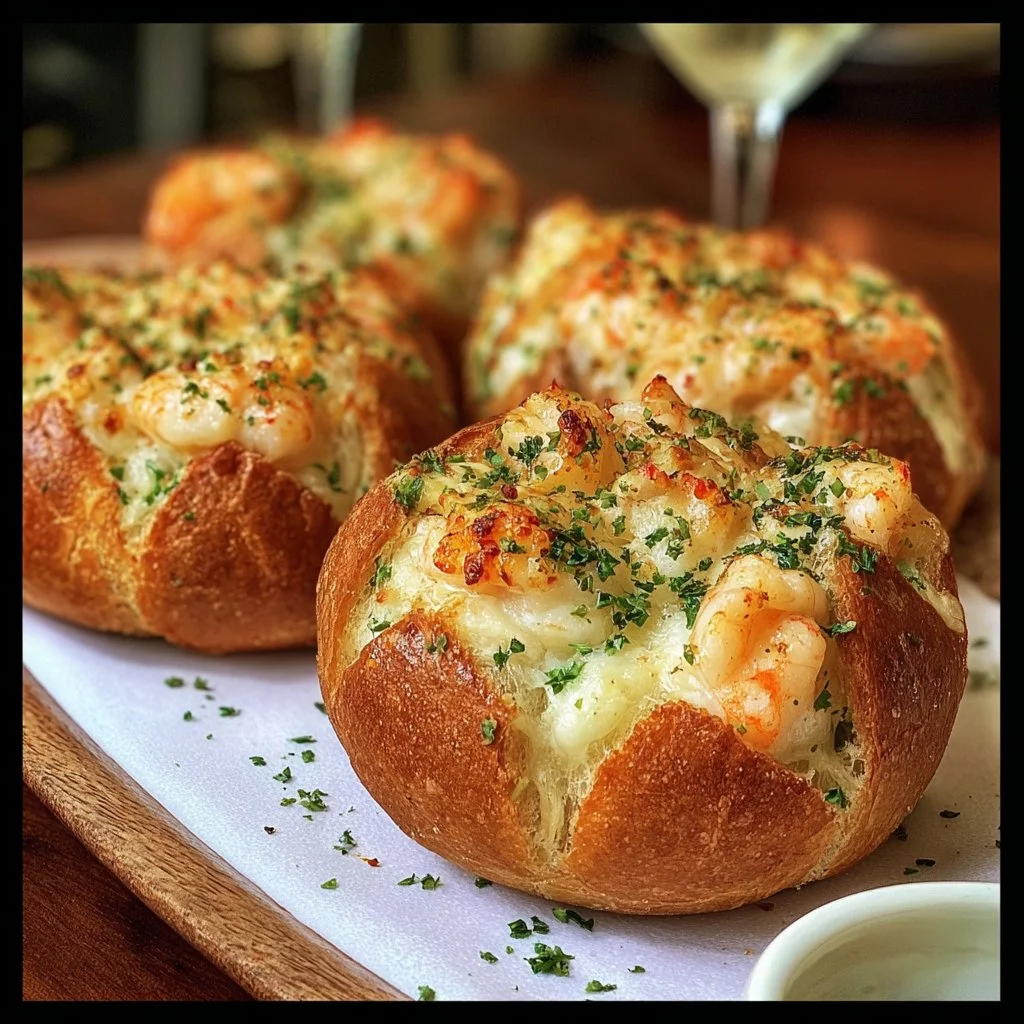 Crabby shrimp-stuffed garlic bread bombs baked to golden perfection, served as appetizer.