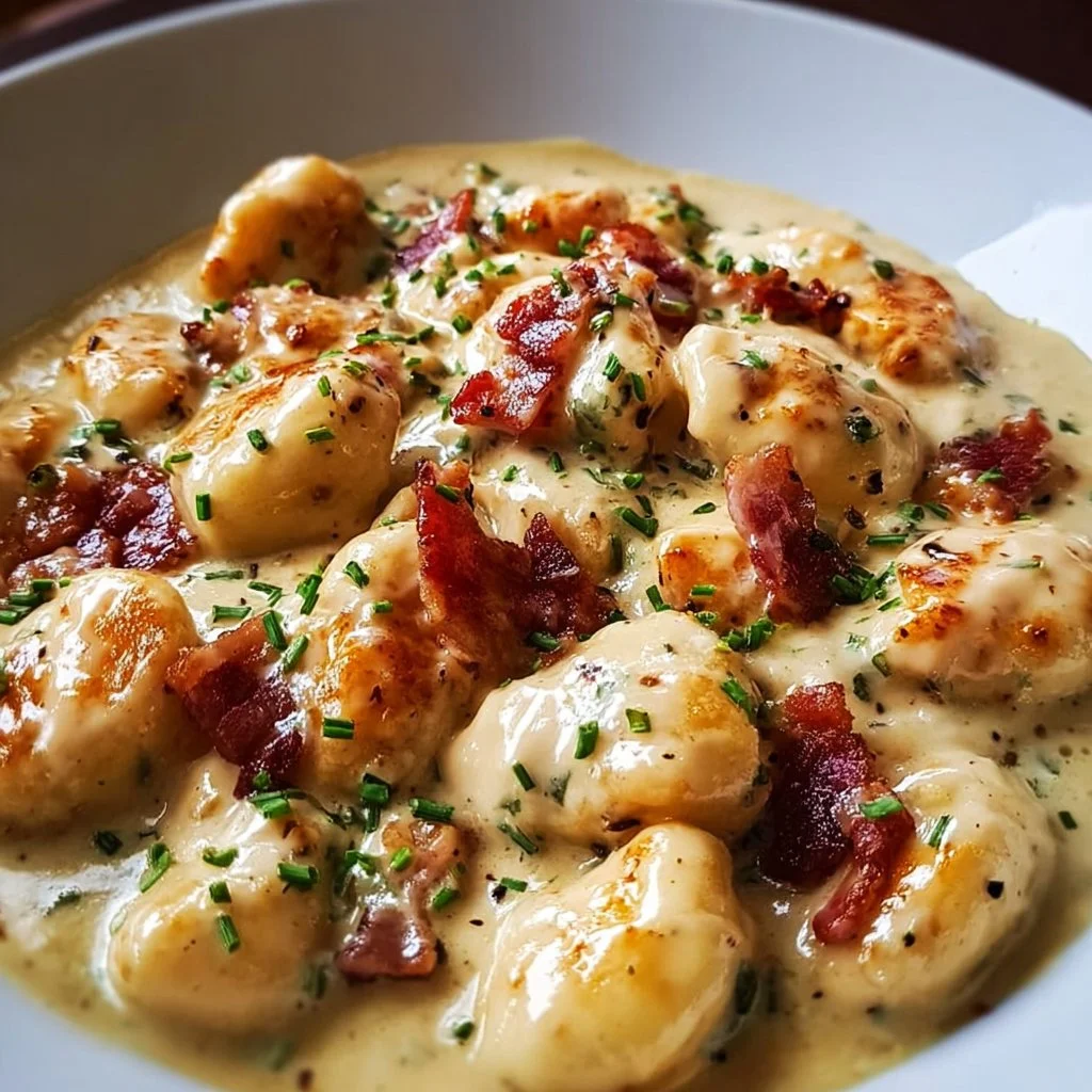 Plate of Crack Chicken Gnocchi with Bacon in a creamy sauce