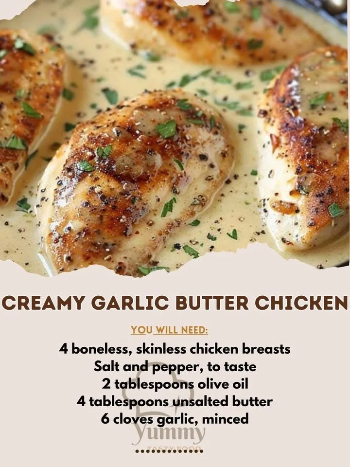Creamy garlic butter chicken served on a plate with herbs and spices.