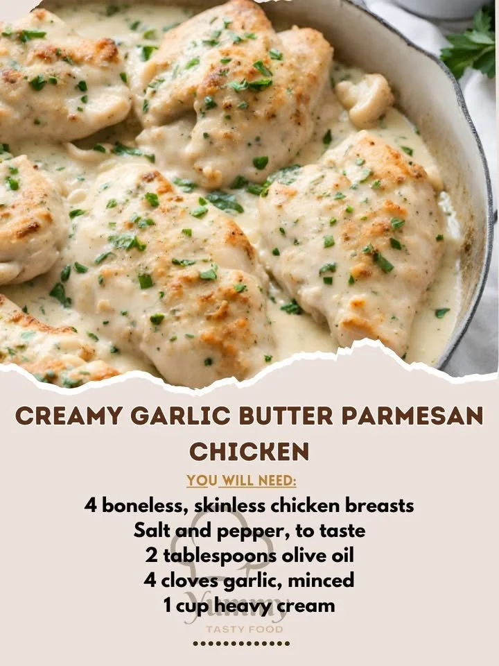 Creamy Garlic Butter Parmesan Chicken with herbs and melted cheese.
