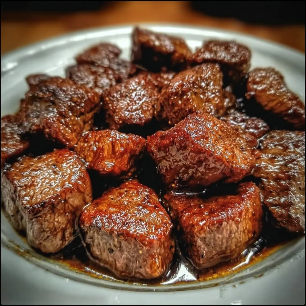 Delicious crockpot steak bites recipe served with herbs and spices