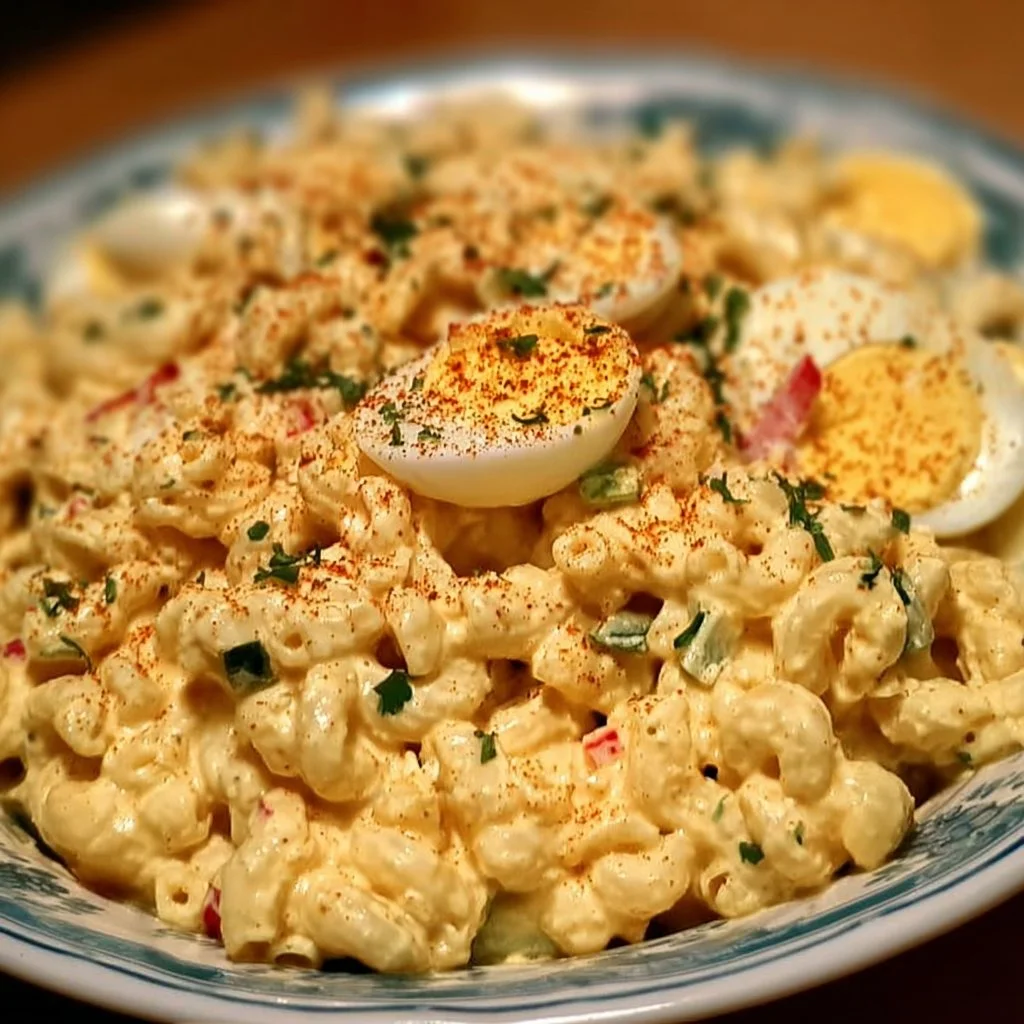 Bowl of deviled egg macaroni salad garnished with parsley.