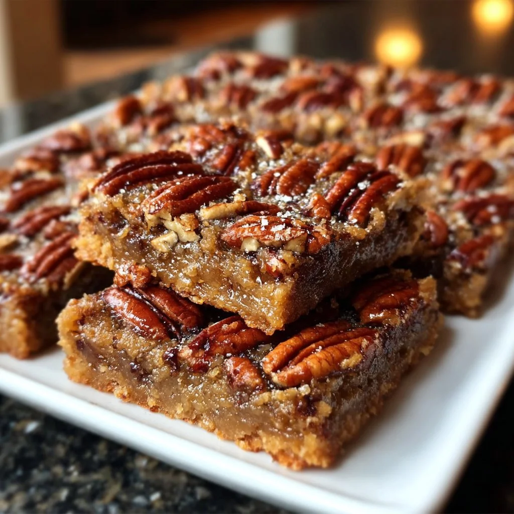 Delicious easy pecan pie bars on a plate, perfect for dessert.