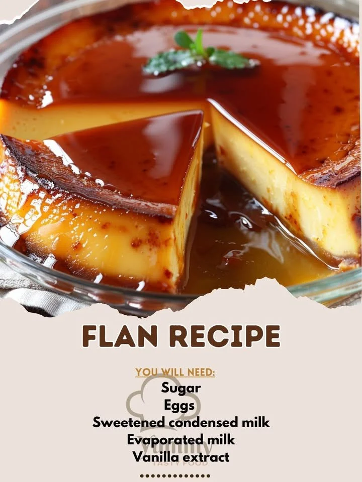 Delicious homemade flan topped with caramel sauce on a white plate