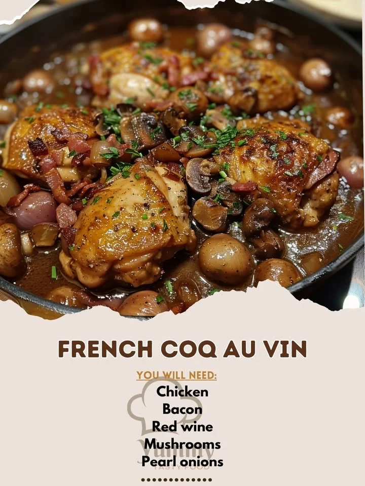 French Rooster dish simmered in rich wine sauce