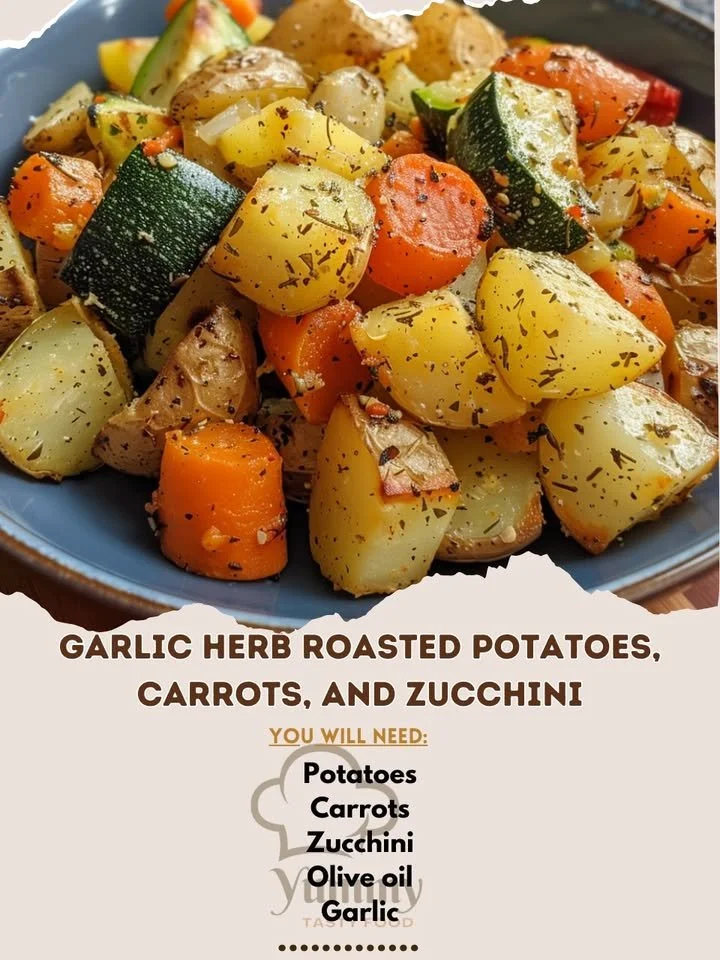 Garlic Herb Roasted Potatoes with Carrots and Zucchini on a white plate