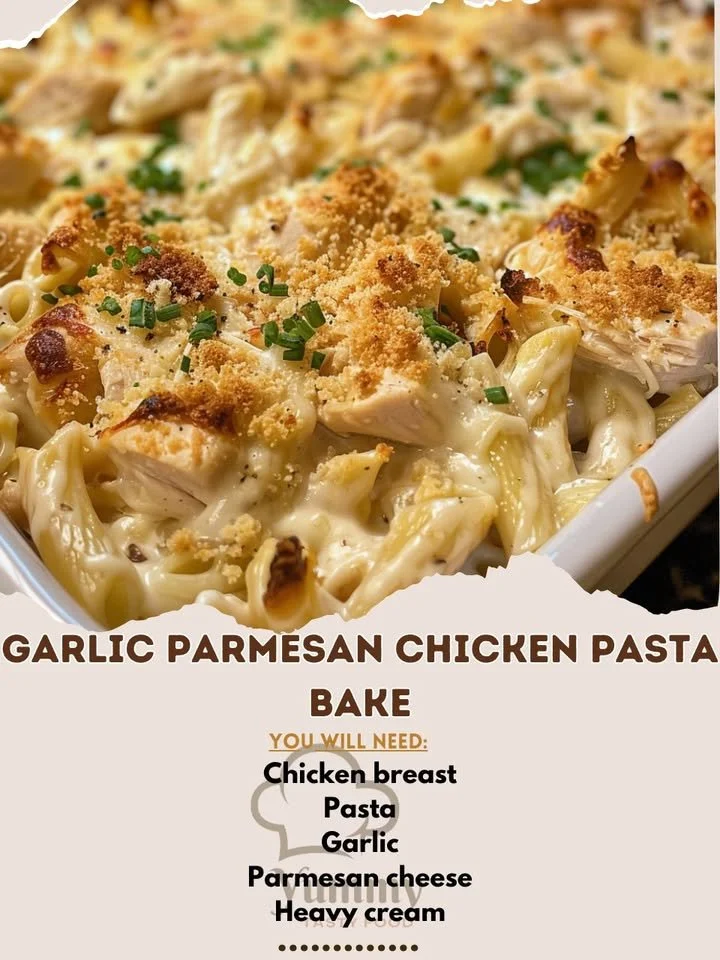 Baked Garlic Parmesan Chicken Pasta with creamy sauce and chicken pieces