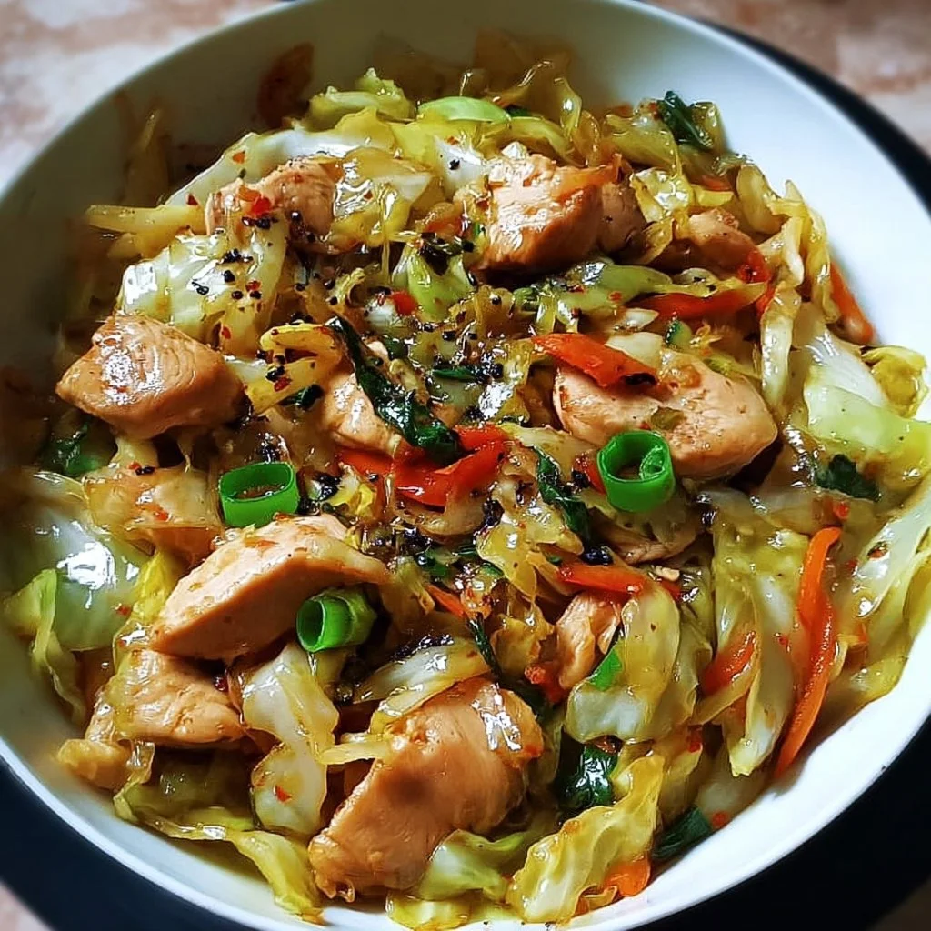 Delicious garlic-sautéed cabbage dish with chicken on a plate