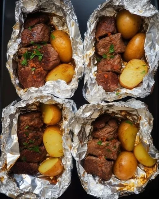 Garlic steak and potato foil packets ready for grilling.