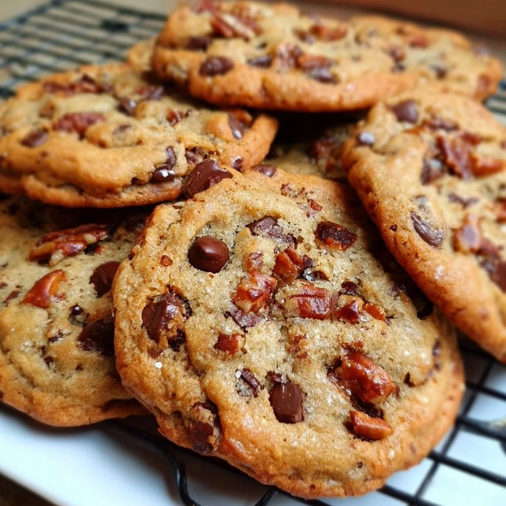 Giant chocolate chip pecan caramel cookies stacked on a plate.