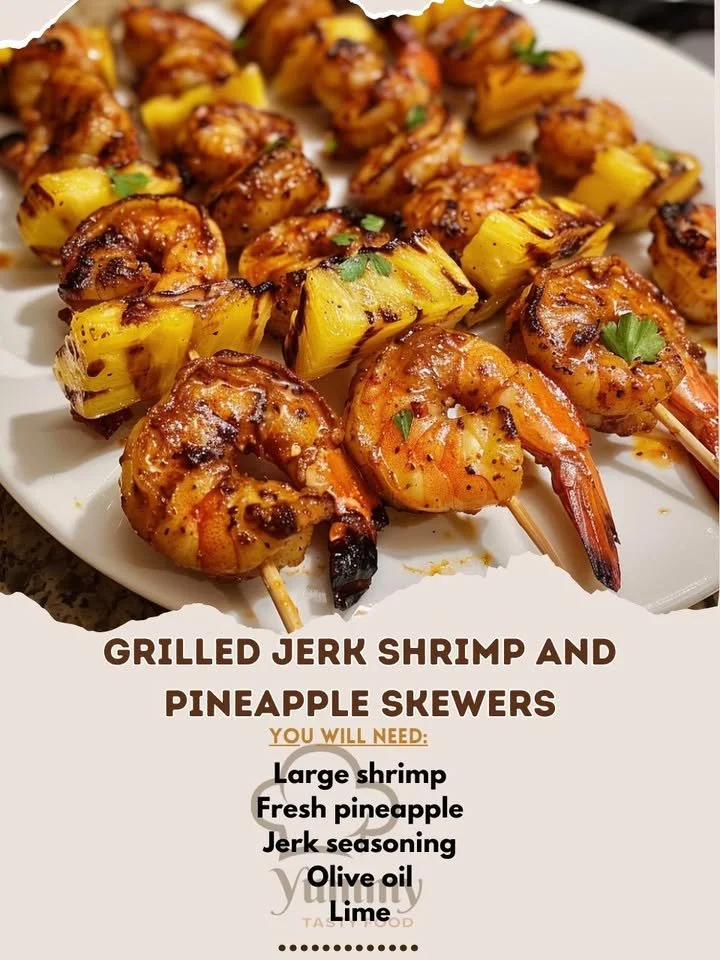 Grilled jerk shrimp and pineapple skewers served on a platter