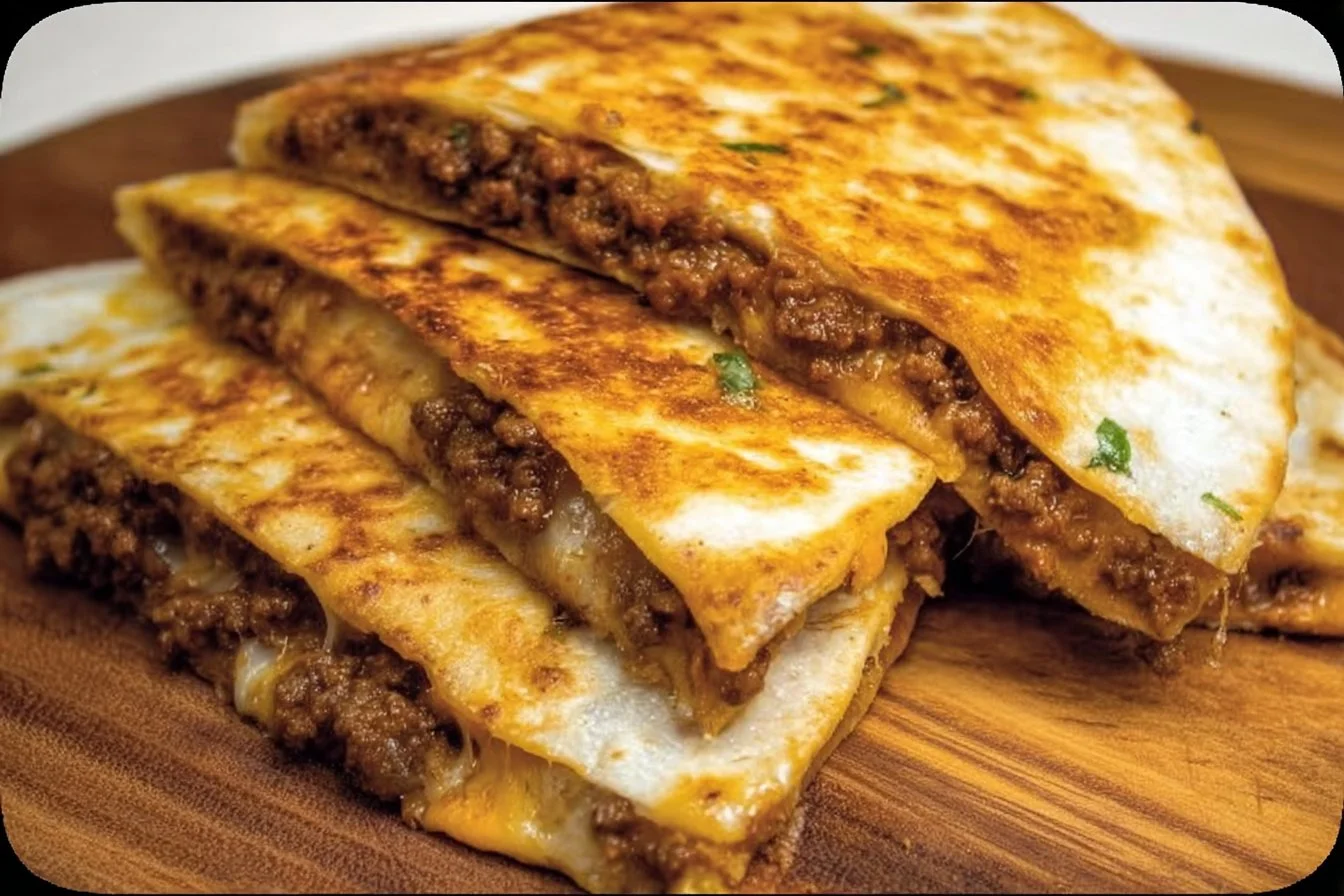 Savory ground beef cheesy quesadillas served hot on a plate.