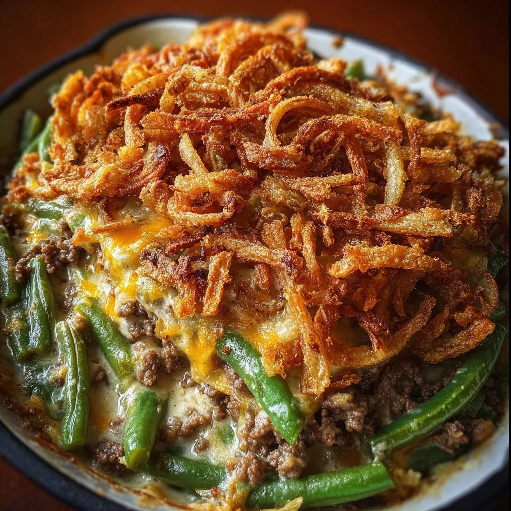 A delicious hamburger green bean casserole served in a dish.