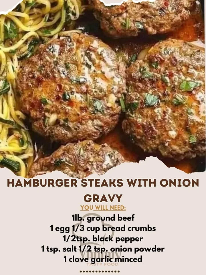 Plate of hamburger steaks topped with rich onion gravy