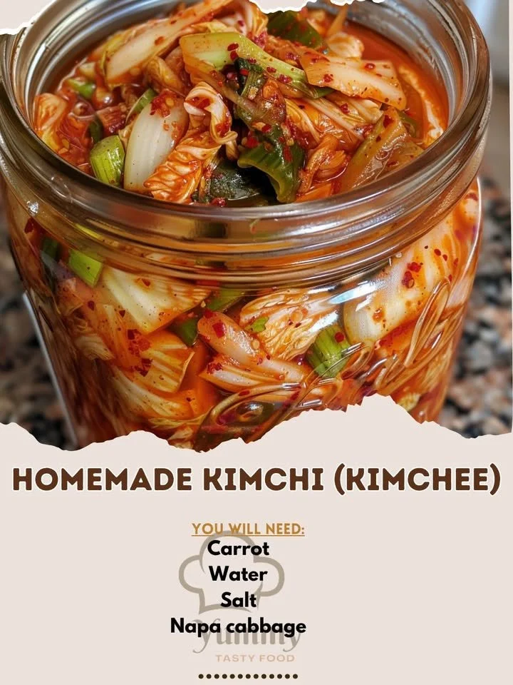 Jar of homemade kimchi with fresh vegetables and spices ready for fermentation.