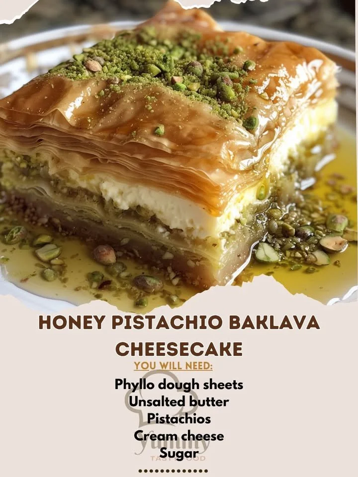 Honey Pistachio Baklava Cheesecake slice on a plate garnished with nuts