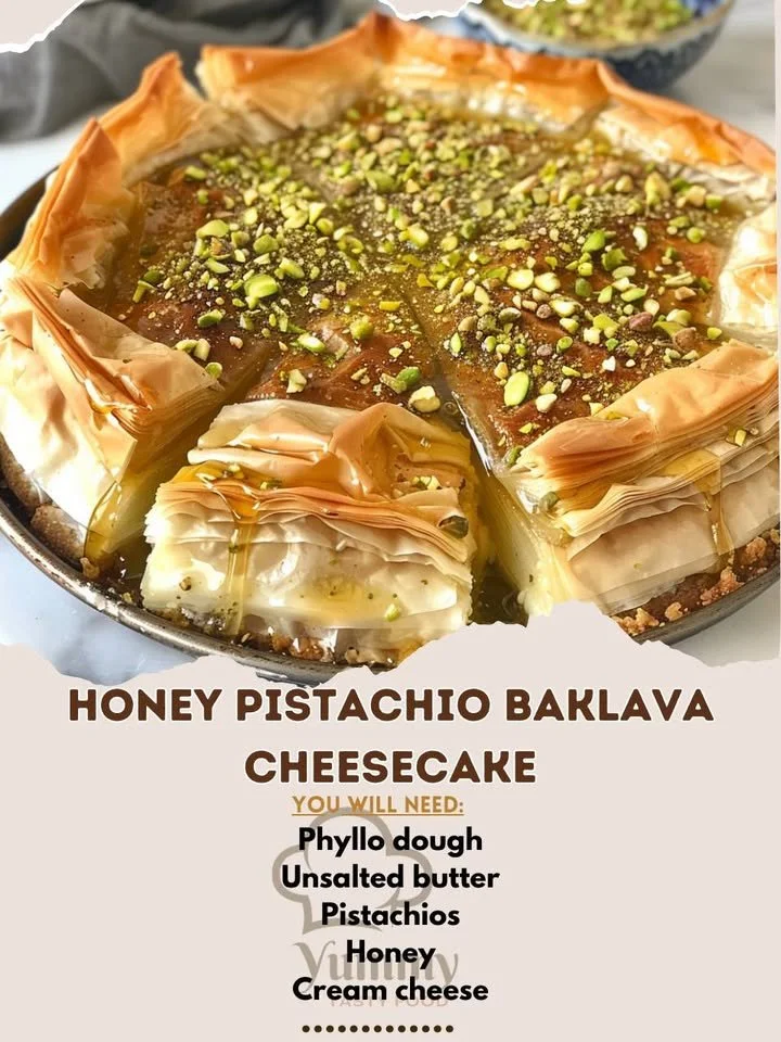 Honey Pistachio Baklava Cheesecake with layers of creamy cheesecake and baklava topping.