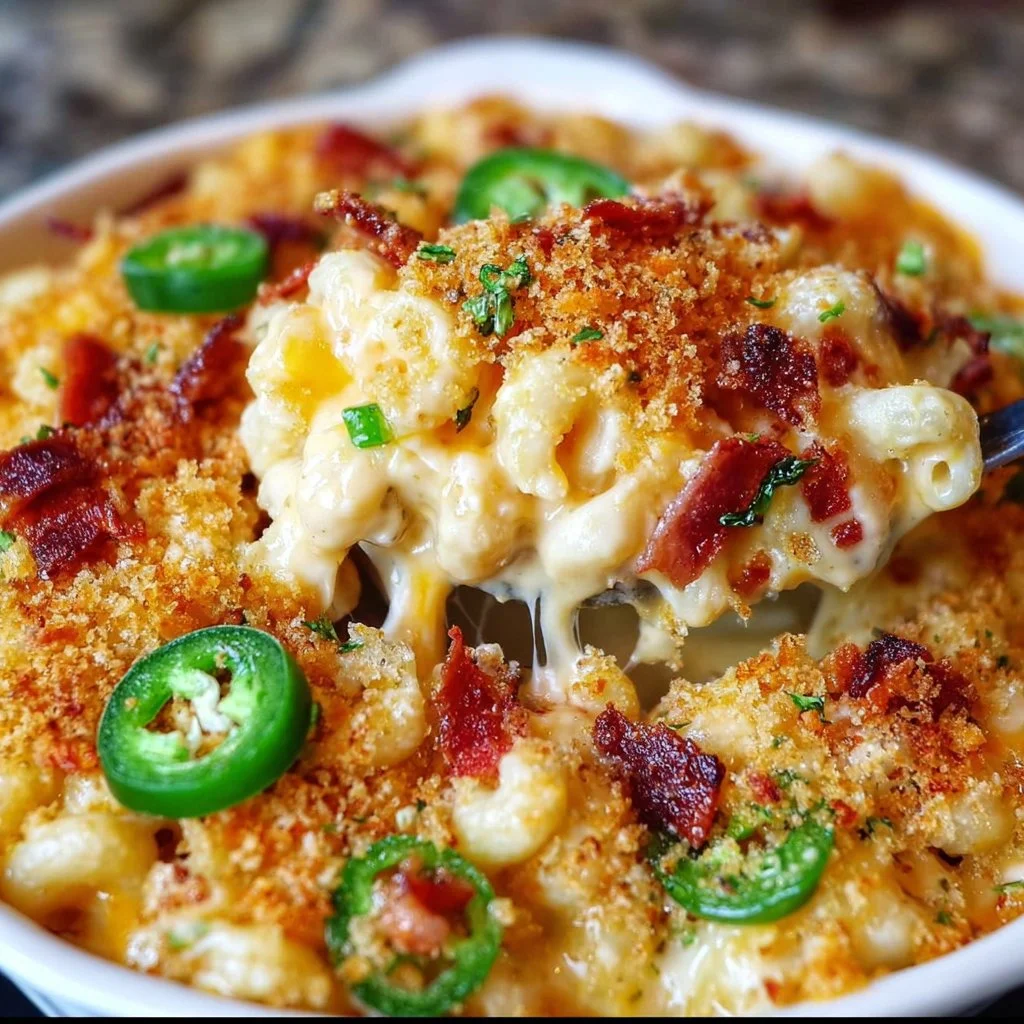 Jalapeño Popper Mac and Cheese topped with jalapeños and crispy bacon