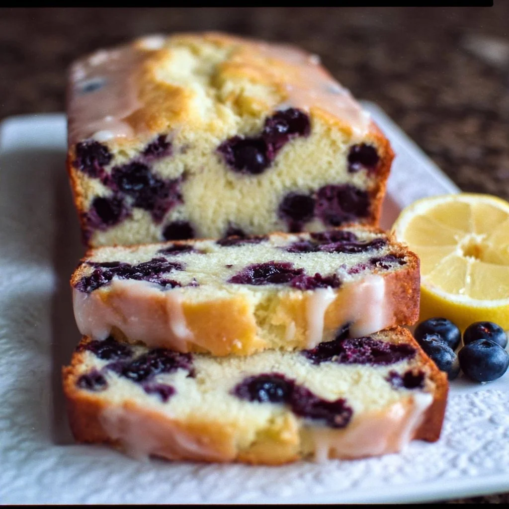 Freshly baked lemon blueberry bread with slices showing blueberries and lemon zest