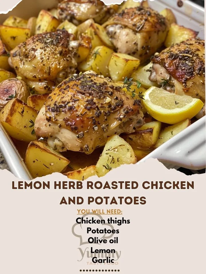 Lemon herb roasted chicken served with crispy potatoes.