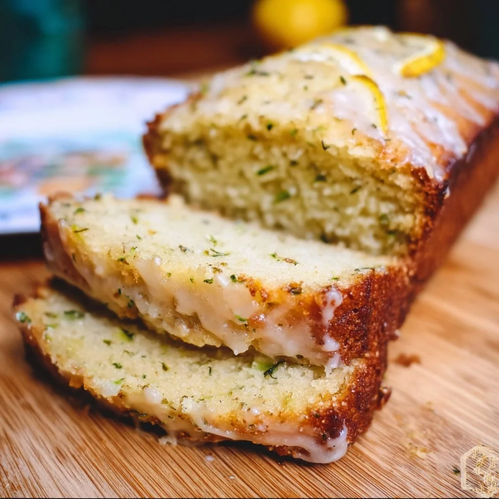 Slice of moist Lemon Zucchini Cake with lemon zest and zucchini on a plate