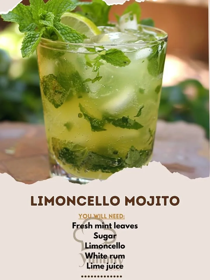 Glass of Limoncello Mojito garnished with mint leaves and lemon slices