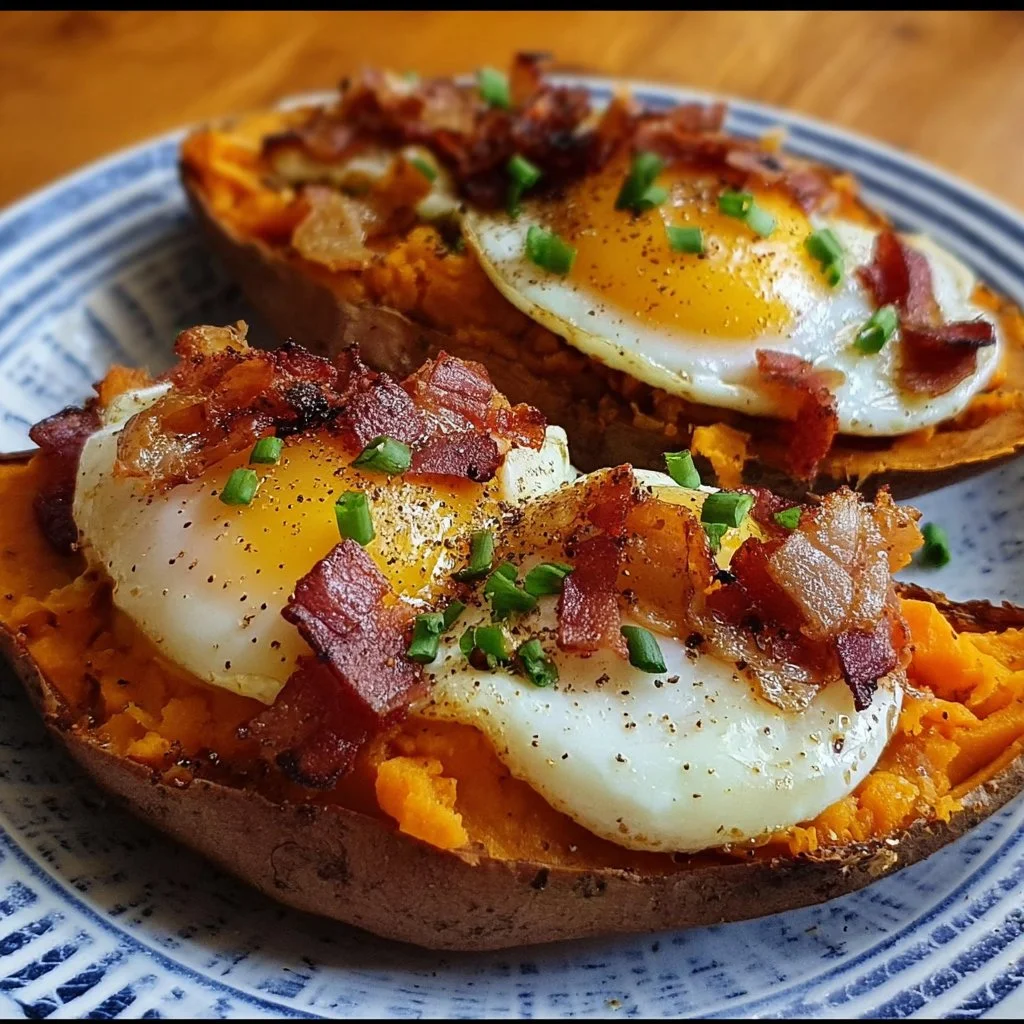 Delicious loaded breakfast sweet potatoes topped with fresh ingredients.