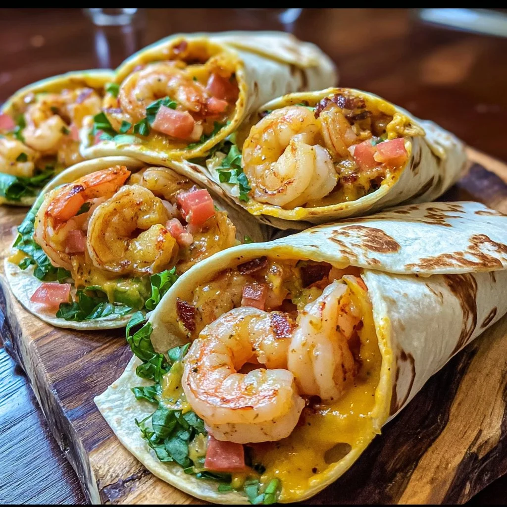 Loaded shrimp nacho wraps with toppings on a plate
