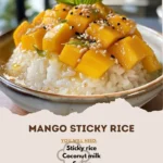 A serving of Mango Sticky Rice topped with fresh mango slices and coconut sauce.