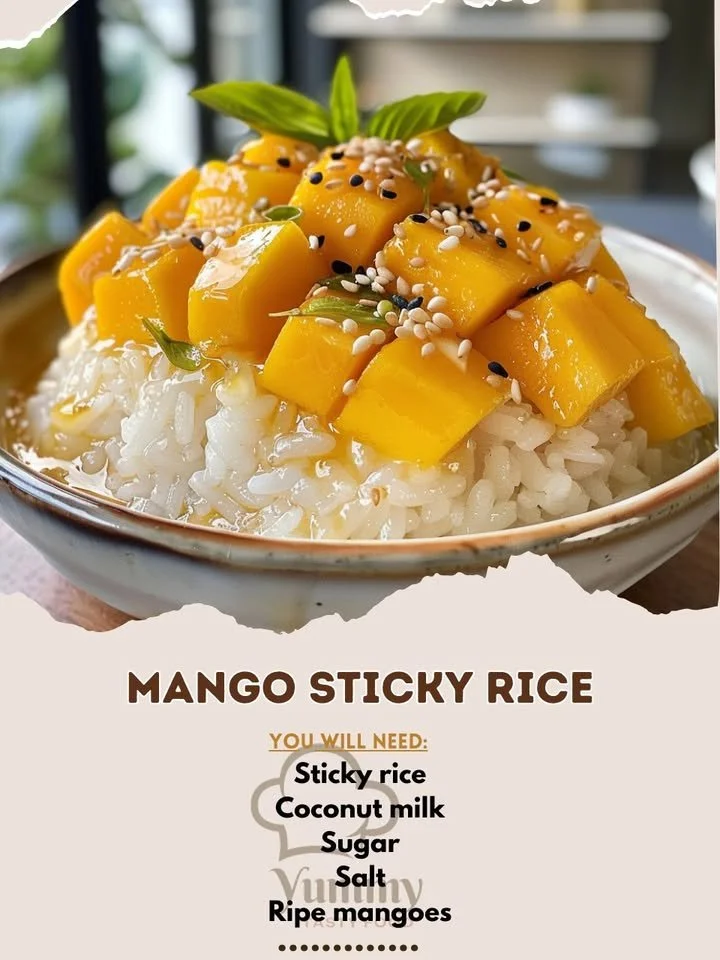 A serving of Mango Sticky Rice topped with fresh mango slices and coconut sauce.