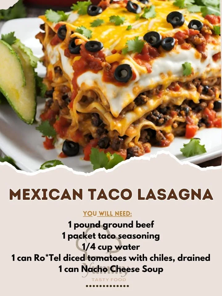 Layered Mexican Taco Lasagna with cheese, beef, and vegetables