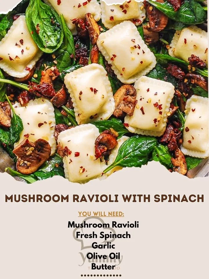 Plate of Mushroom Ravioli with Spinach topped with grated parmesan