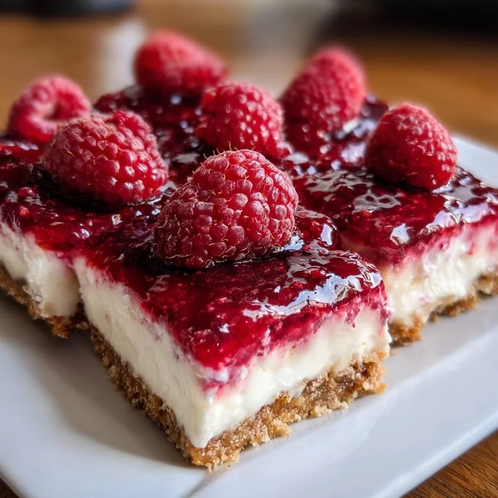 Delicious no-bake raspberry cheesecake bars topped with fresh raspberries.