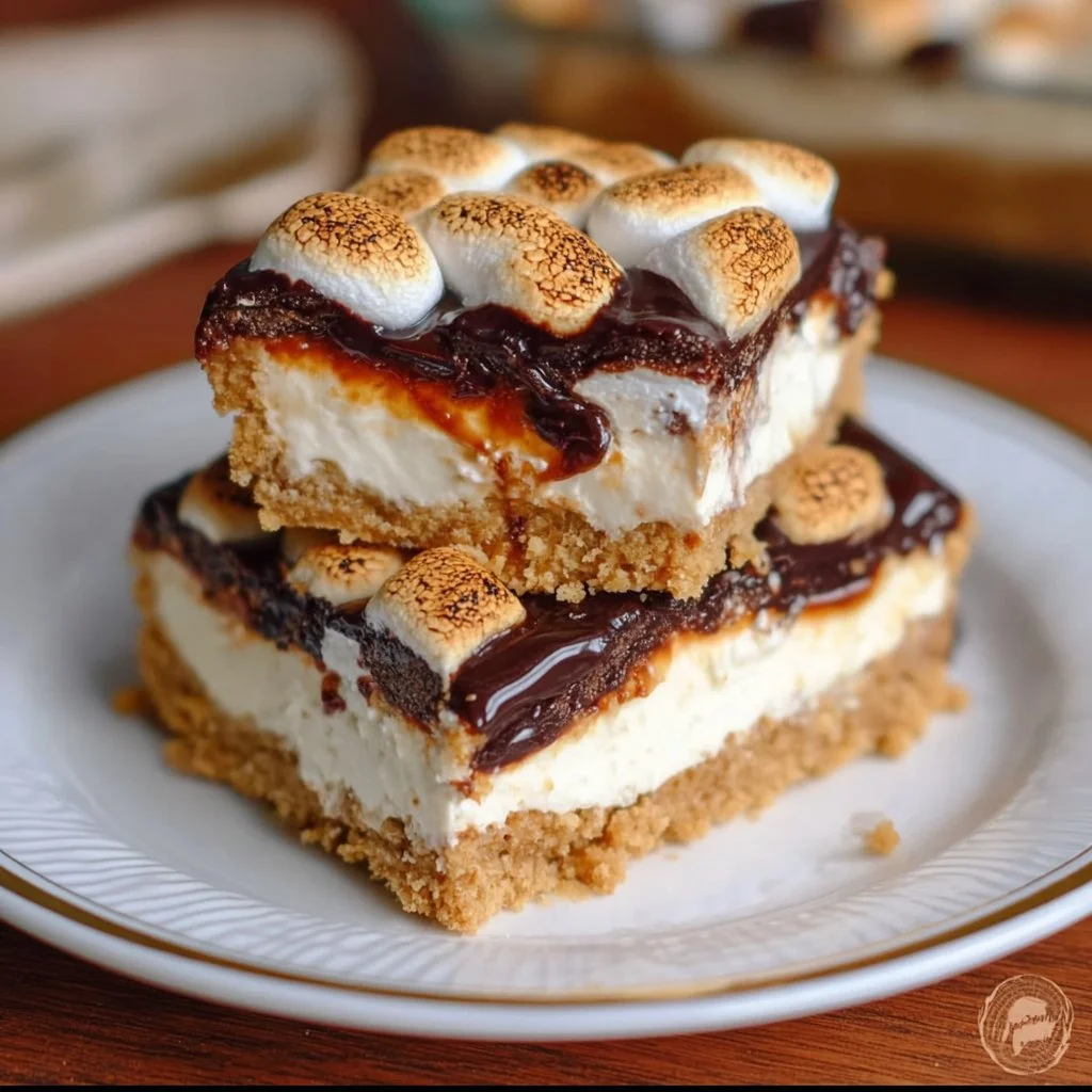 No Bake S'mores Cheesecake Bars topped with chocolate and marshmallows.