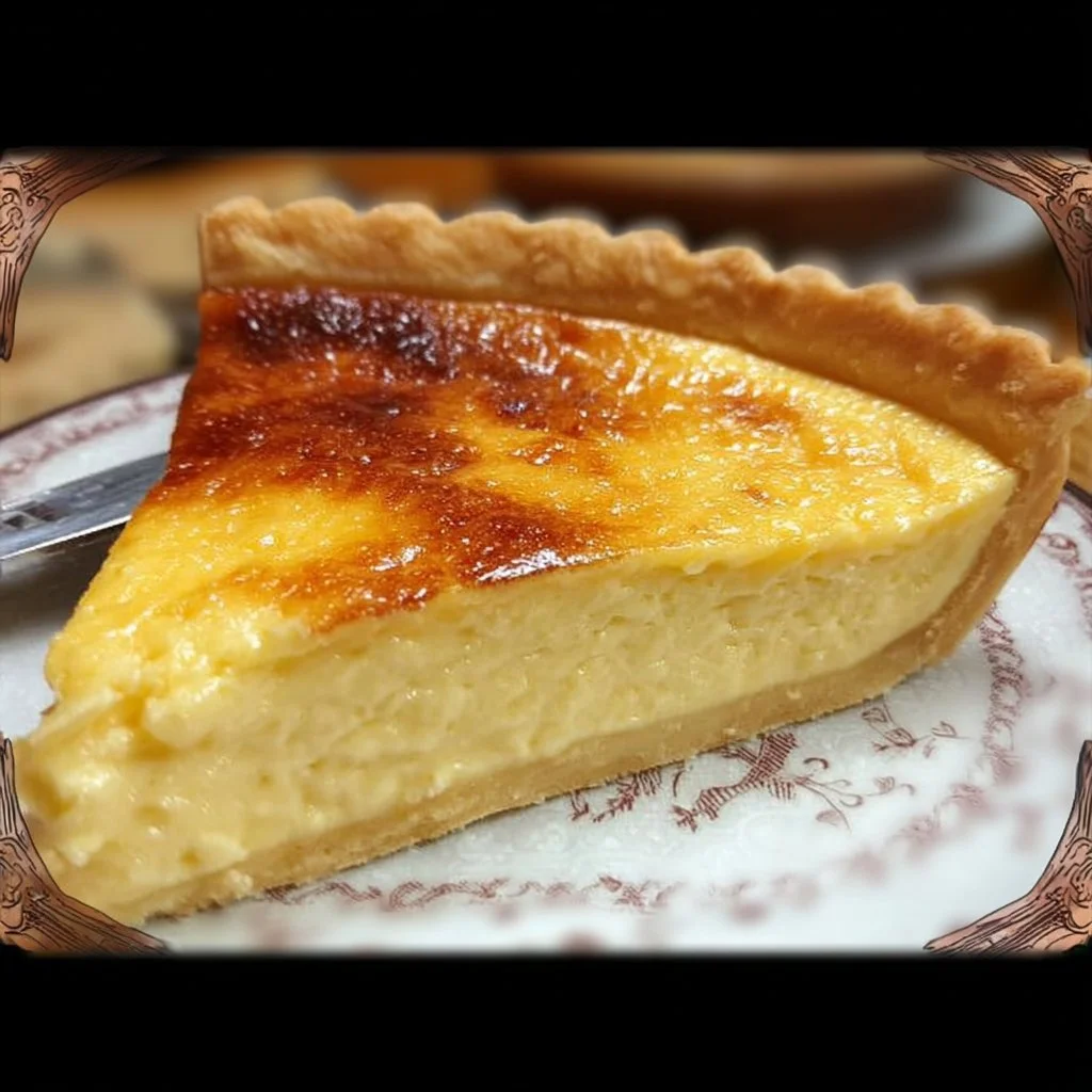 Delicious old-fashioned egg custard pie served in a slice.