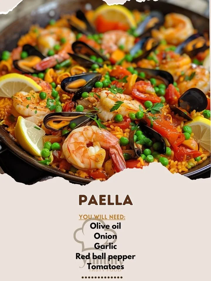 A vibrant paella dish with seafood, vegetables, and saffron rice served in a traditional pan.