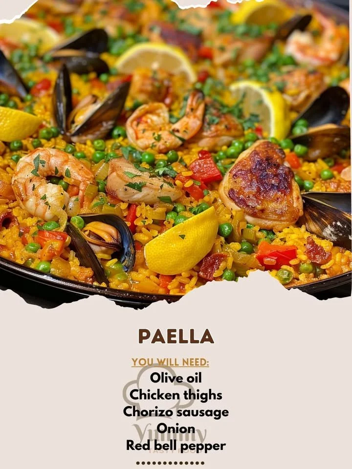 Delicious paella with seafood, chicken, and colorful vegetables served in a traditional pan.