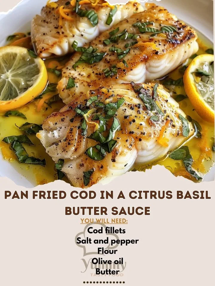 Pan fried cod fillet in citrus basil butter sauce, garnished with fresh herbs.