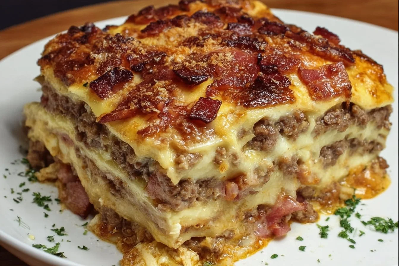 Parmesan Garlic Bacon Cheeseburger Lasagna with layers of cheese and bacon