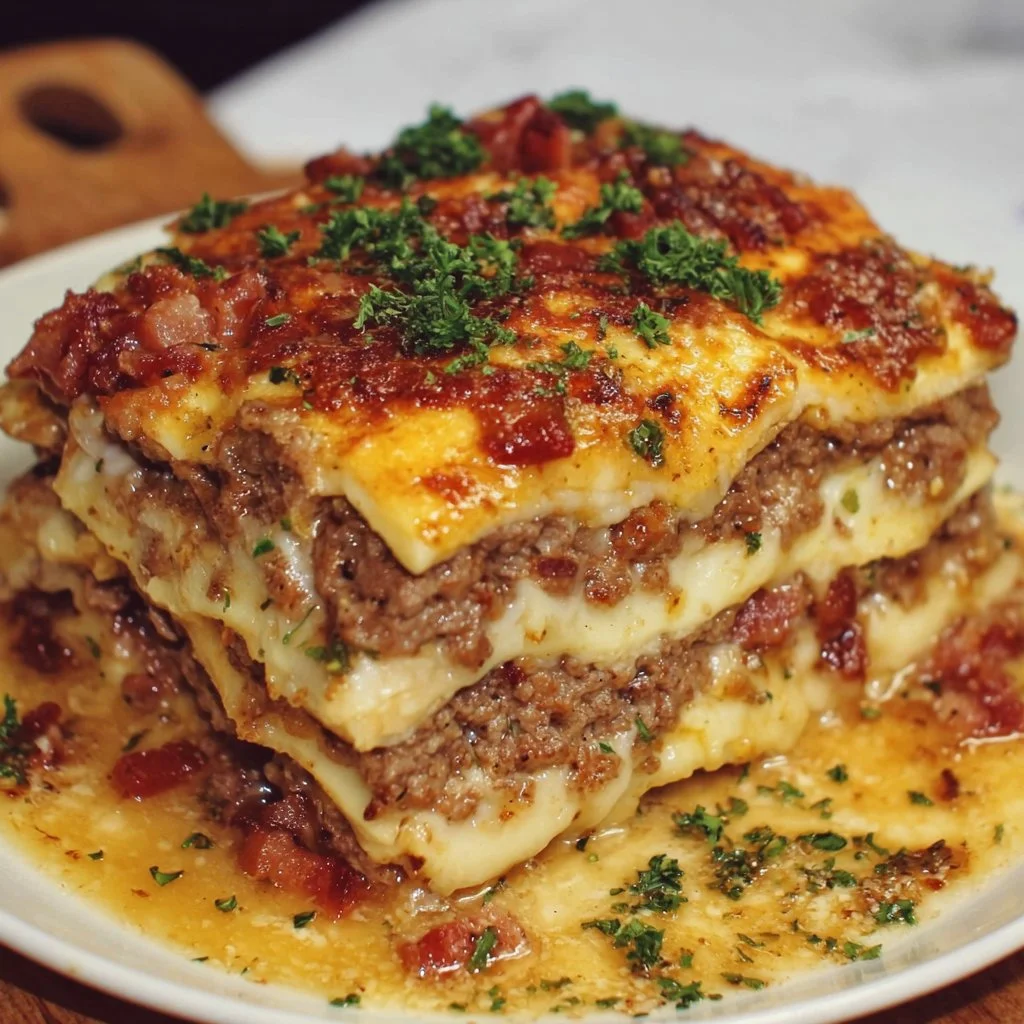 Delicious Parmesan Garlic Bacon Cheeseburger Lasagna layered with cheese and bacon.