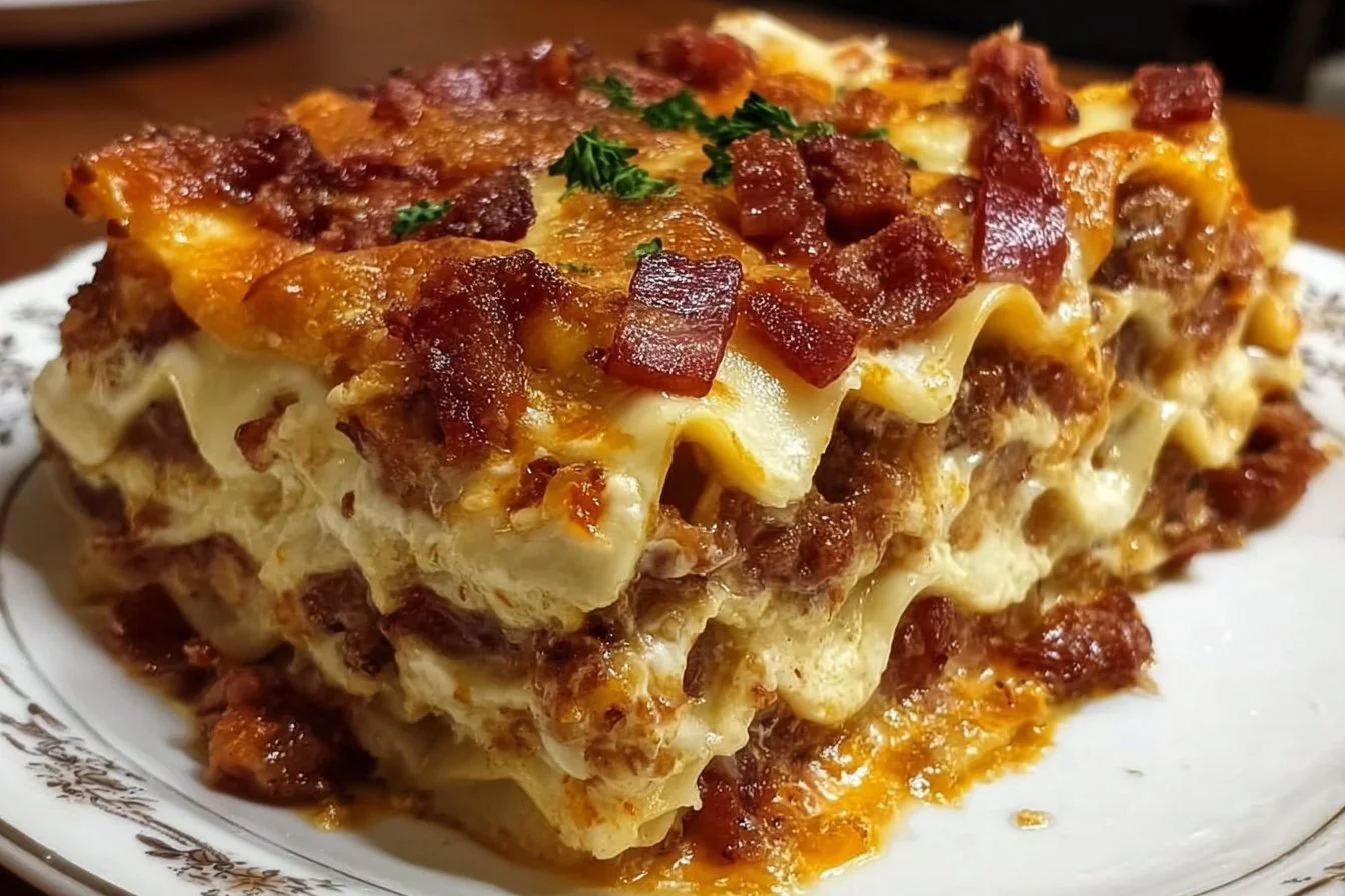 Delicious Parmesan Garlic Bacon Lasagna with layers of cheese and crispy bacon