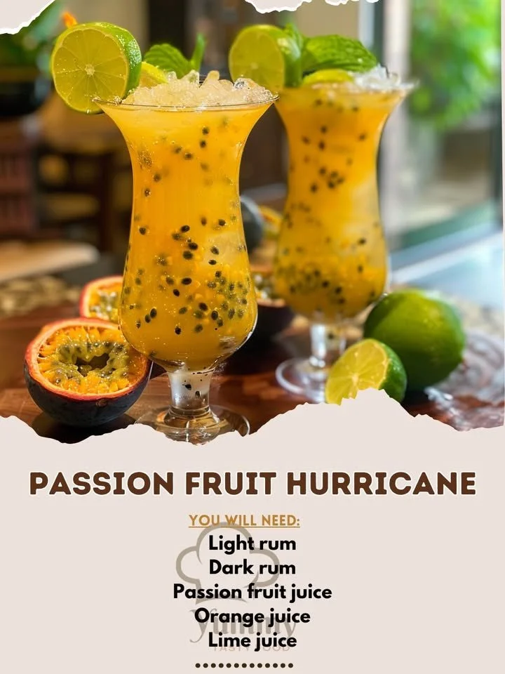 A vibrant Passion Fruit Hurricane cocktail garnished with fresh fruit.