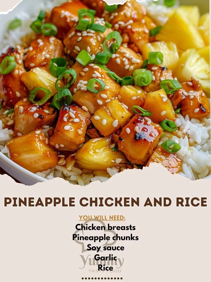 Delicious Pineapple Chicken served with rice on a plate.